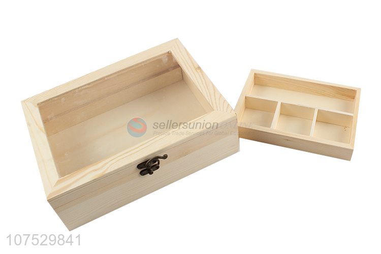 Custom 2 tier multi compartments wooden jewelry case with glass window lid