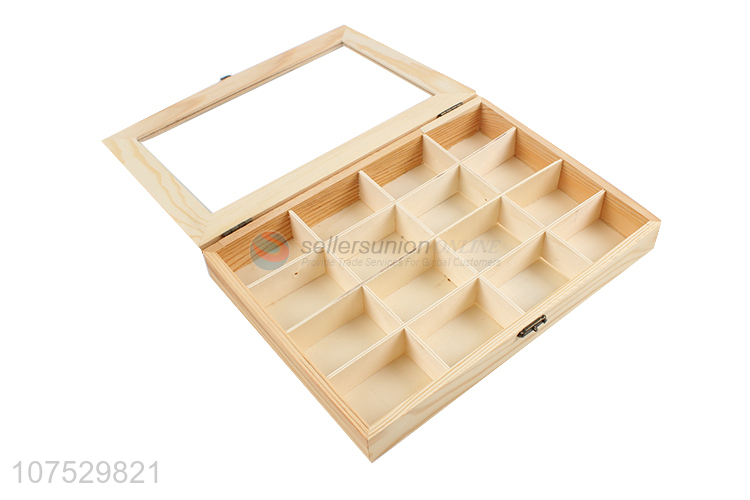 Factory price 16 compartments wooden jewellry box with glass window lid