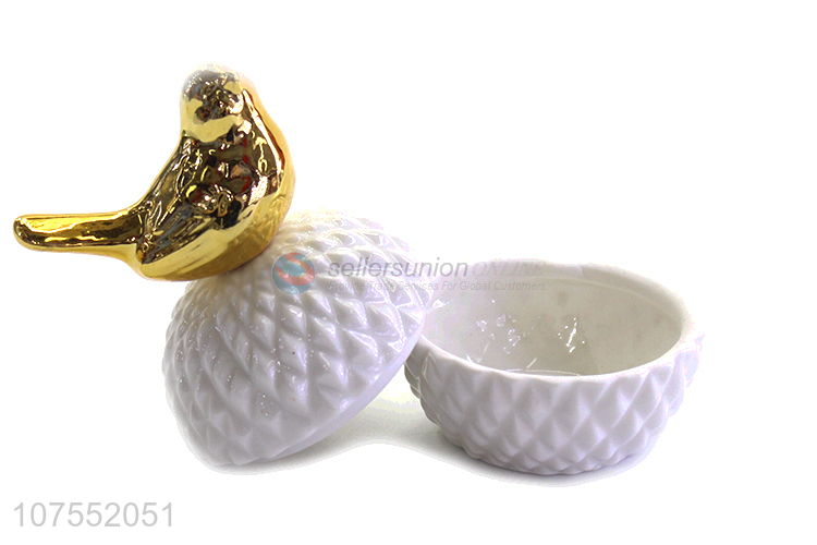 Unique Design Ceramic Storage Jar With Gold Bird Ceramic Lid