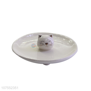 Competitive Price White Ceramic Plate With Cute Cat Decoration