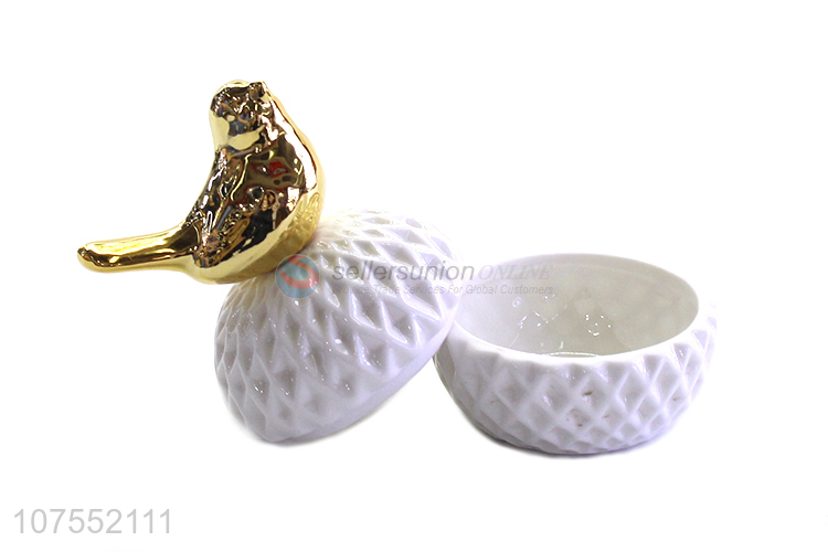 Unique Design White Ceramic Storage Jar With Gold Bird Decoration Lid