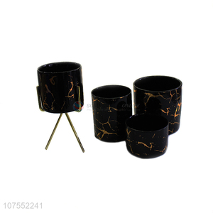 Wholesale Desk Decoration Cylindrical Marble Pattern Ceramic <em>Flowerpot</em> With Iron Rack