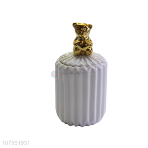 Hot Selling White Ceramic Storage Jar With Gold Bear Decoration Lid