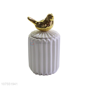 Competitive Price Ceramic Storage Jar With Gold Bird Decoration Lid