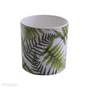 Hot Selling Colorful Leaf Pattern Ceramic Cylinder Flowerpot Flower Plant Pot