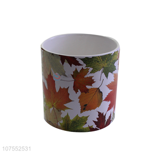 Fashion Style Leaf Printing Flowerpot Ceramic Cylinder Flowerpot