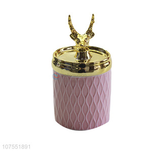 New Design Pink Ceramic Storage Jar With Gold Deer Ceramic Lid