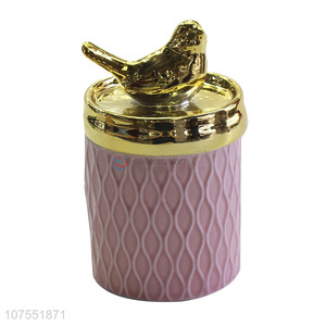 Factory Sell Pink Ceramic Storage Jar With Gold Bird Ceramic Lid