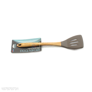 Contracted Design Silicone Slotted Turner Spatula With Wooden Handle