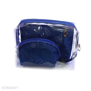 Custom Blue Makeup Bag With Large Transparent Pvc Cosmetic Bag Set
