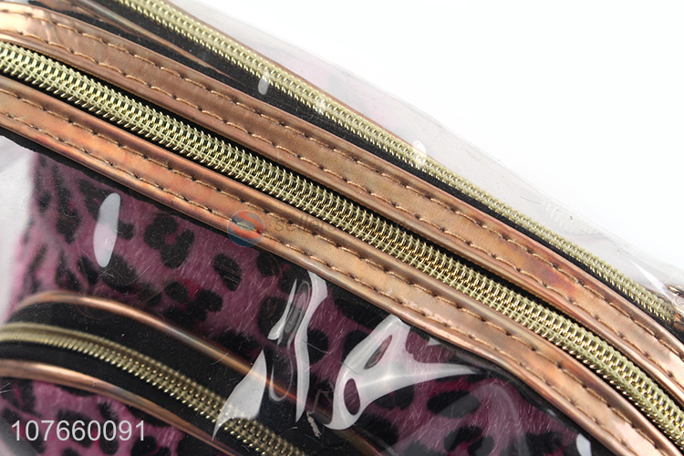 Leopard print plush style female fashion cosmetic bag three-piece set
