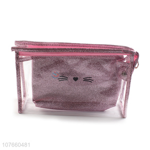 Hot sale pvc transparent storage bag with purple sequin cosmetic bag set