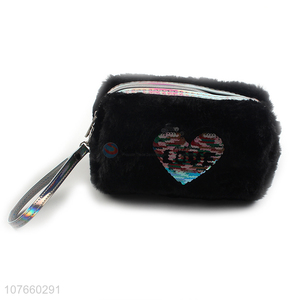 Good quality black love sequined toiletry bag fluff cosmetic bag