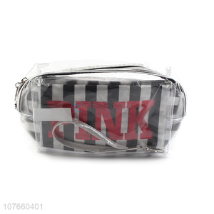 Hot sale personalized black stripe cosmetic bag with frosted detachable hand strap