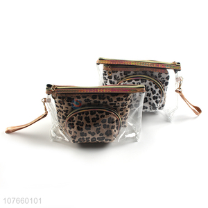 Brown and white leopard print plush style fashion cosmetic bag three-piece set