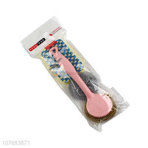 Wholesale kitchen cleaning long handle steel wire ball sponge brush set