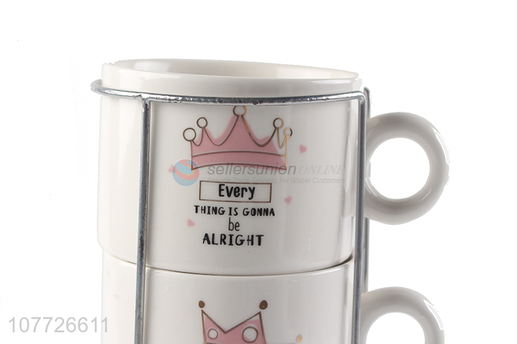 Good sale fashionable crown ceramic mug set popular stackable porcelain cup set