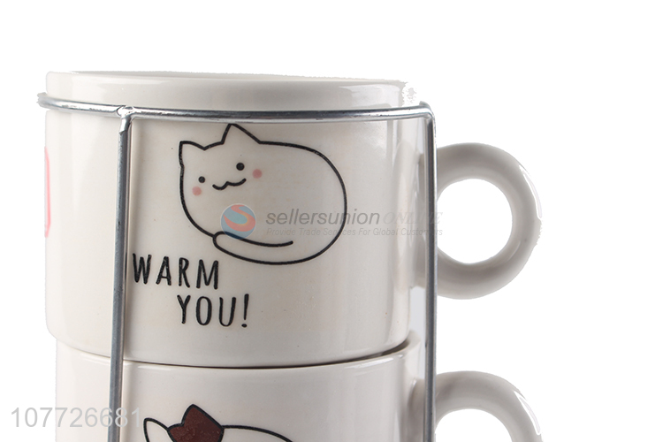 Creative design cartoon cat ceramic mug set stackable ceramic milk cup set