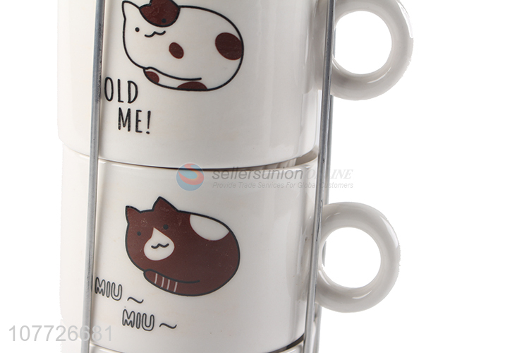 Creative design cartoon cat ceramic mug set stackable ceramic milk cup set