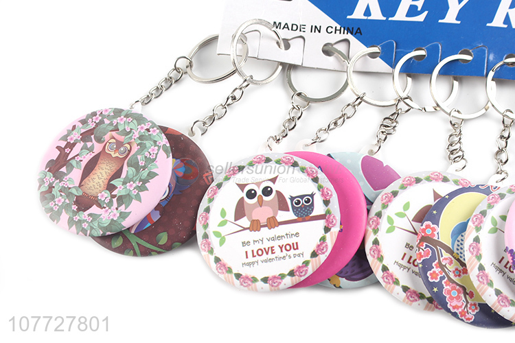 Low price round owl printed single sided cosmetic mirror key chain keyring