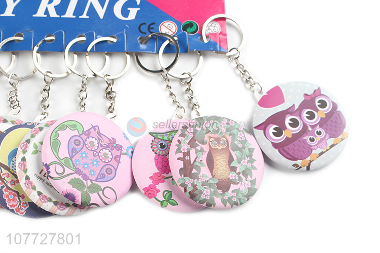 Low price round owl printed single sided cosmetic mirror key chain keyring