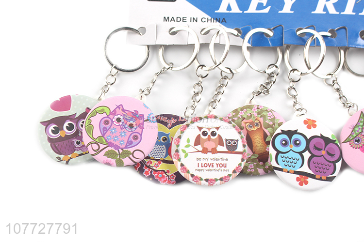 High quality owl printed single sided pocket mirror key chain for ladies