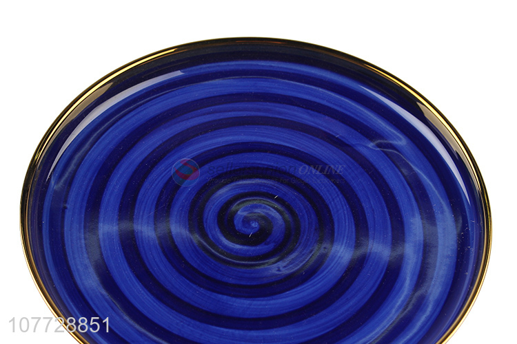 Wholesale blue simple hand-color threaded dinner plate shallow mouth ceramic tableware