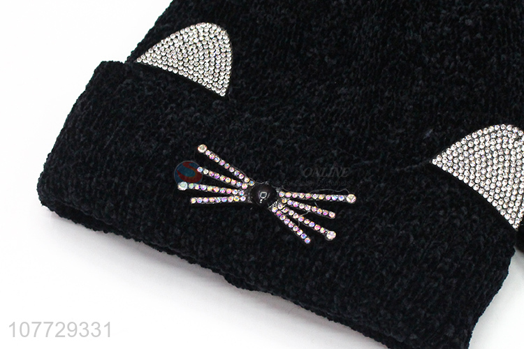 Most popular rhinestone knitted beanie hat and neck warmer set for women and girls