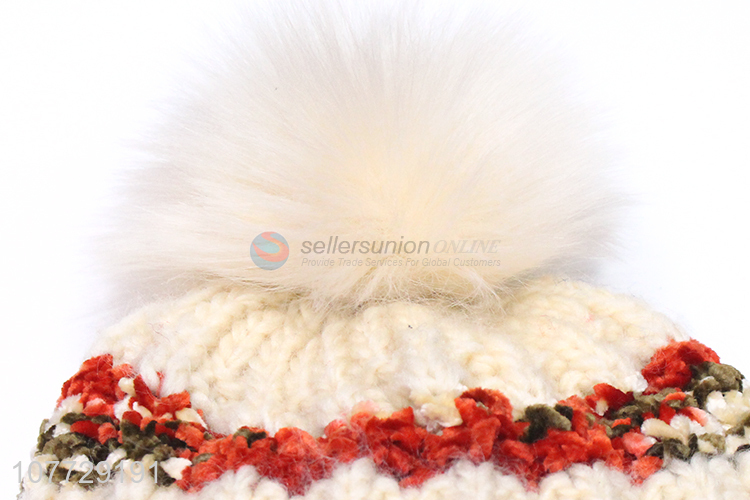 Best selling women fleece lining hat outdoor kitted beanie hat with pomppom