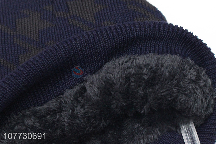 Factory direct sale men winter cap fleece lined jacquard beanie hat