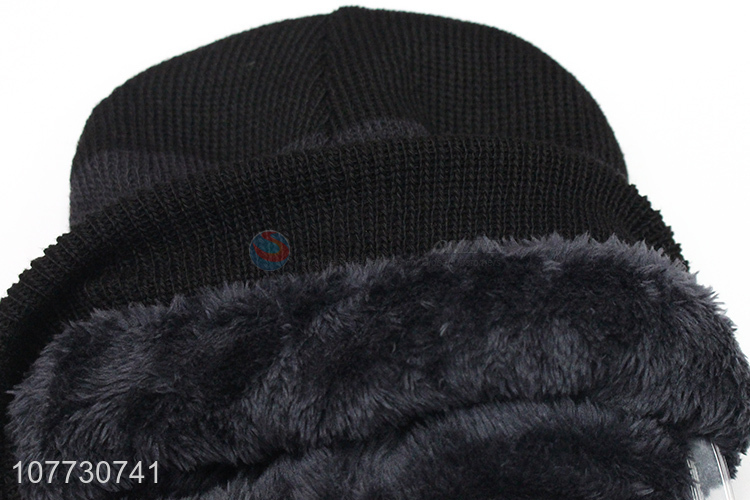 Good quality men winter fleece lining beanie cap acrylic knitting hat