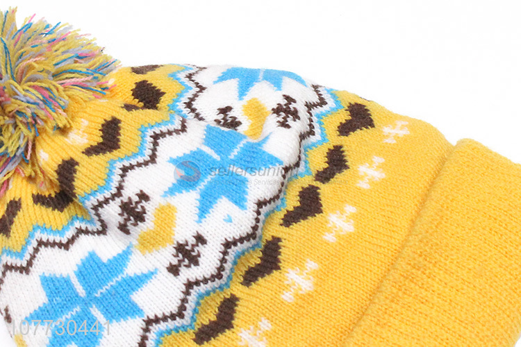 Wholesale winter jacquard beanies children outdoor hat with pompom