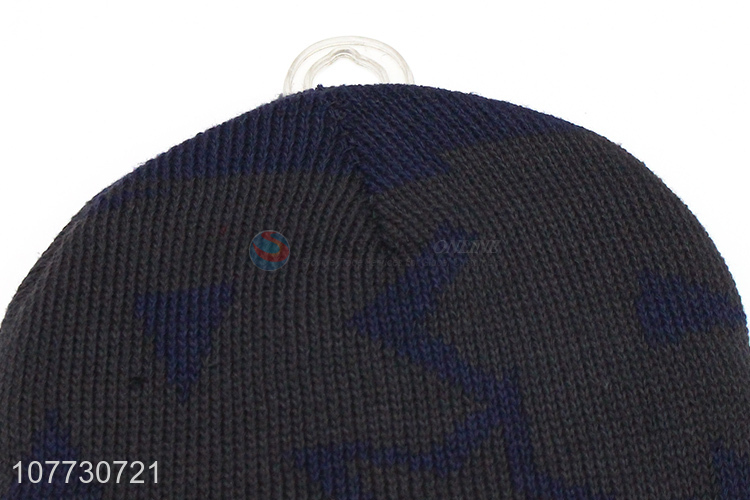 Promotional men outdoor jacquard knitting hat fleece lining beanie cap