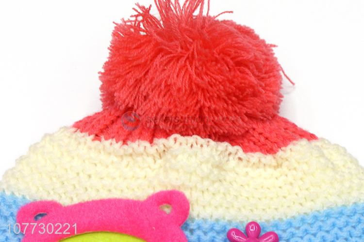 Low price children winter hat with earflaps kids pompom beanies