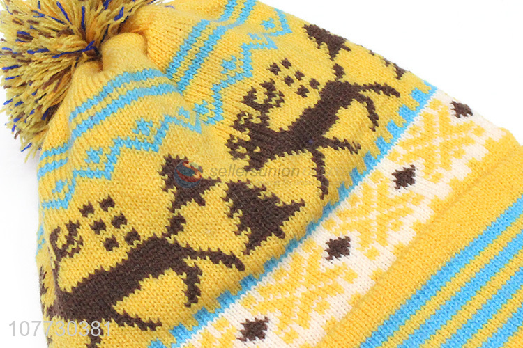 Good quality children winter pompom beanie toddler jacquard knitting cap