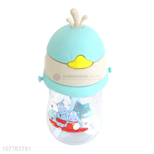 Good quality cartoon penguin kids water bottle with straw and shoulder strap