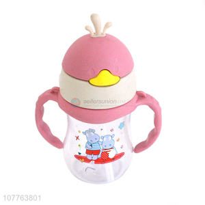 Low price cartoon penguin children water bottle with straw and handles