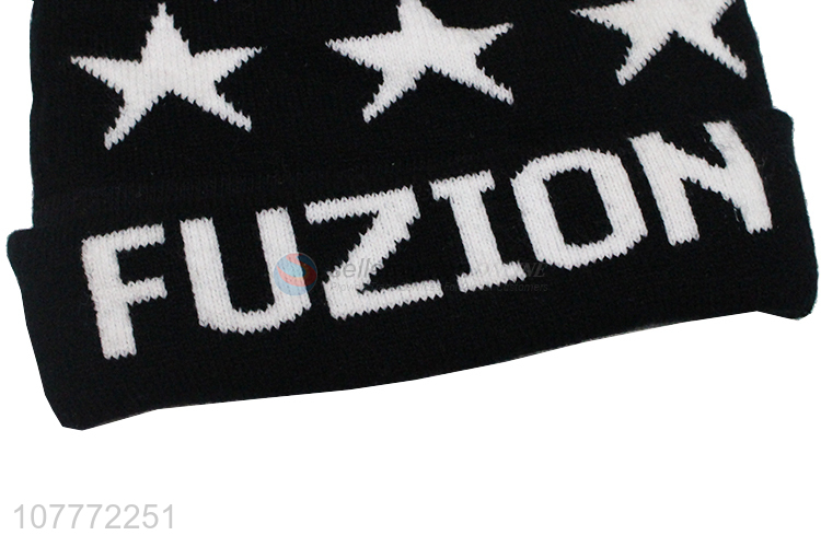 Simple fashion black knitted hat fur ball warm hat