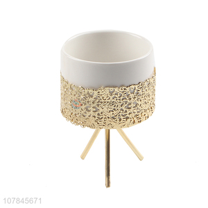 Yiwu market mini ceramic <em>flowerpot</em> succulent planter with metal stand