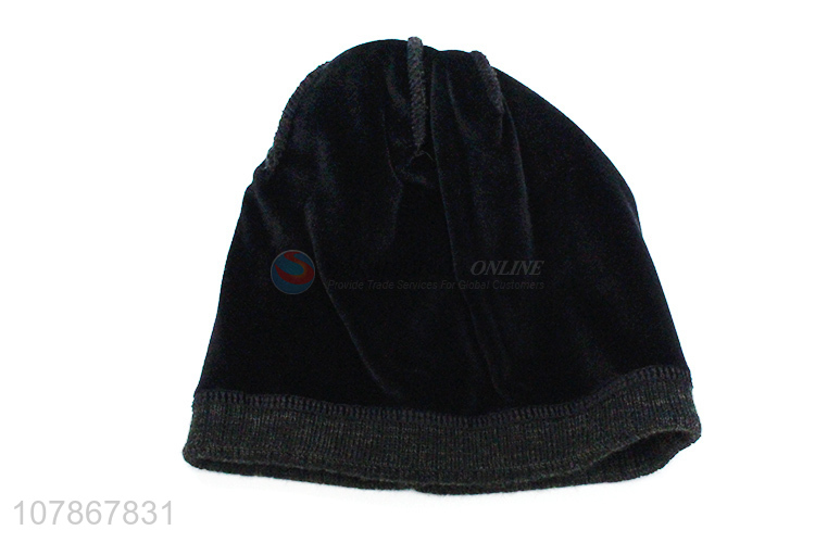 Simple design black knitted woolen hat winter plus cashmere sports cap