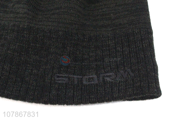 Simple design black knitted woolen hat winter plus cashmere sports cap