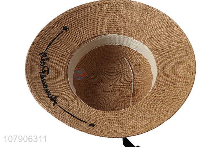 Wholesale summer women embroidery straw hat wide brim beach panama hat