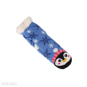Best selling cartoon penguin floor socks women indoor sherpa fleece socks