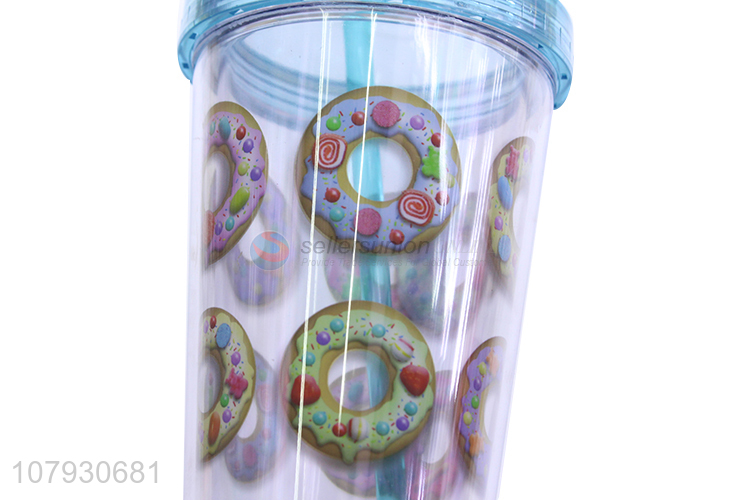 High quality reusable plastic water juice coffee cup with lid & straw
