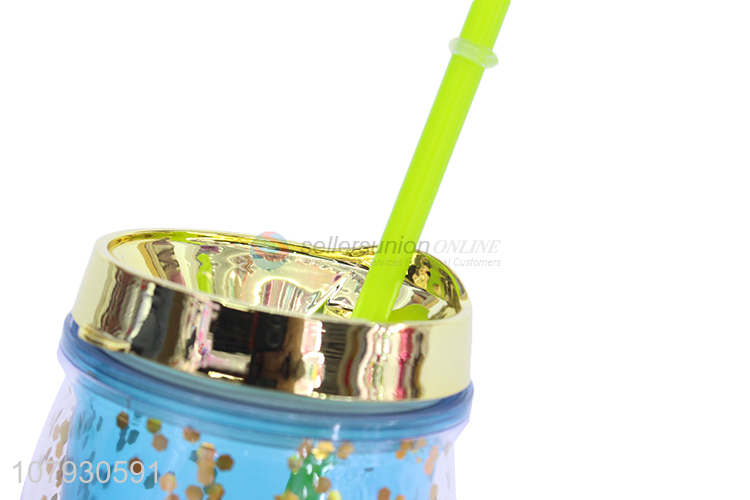 Factory price sequined straw cup double-walled tumbler with straw