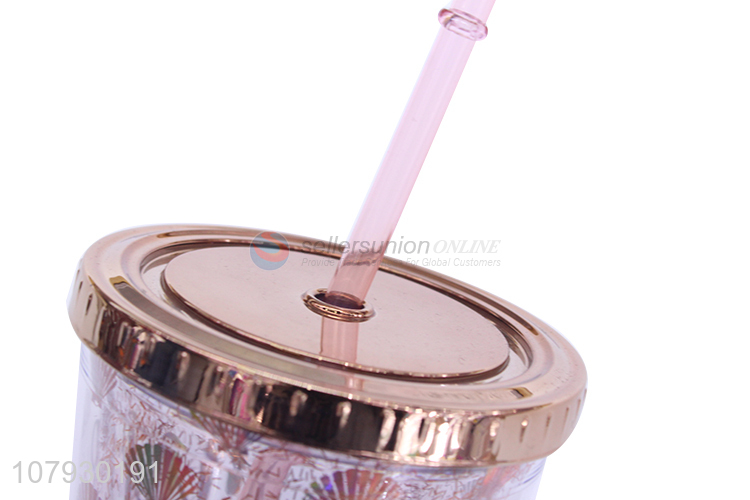 Wholesale summer double walls plastic juice mug water cup with straw