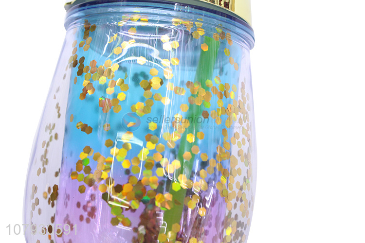 Factory price sequined straw cup double-walled tumbler with straw