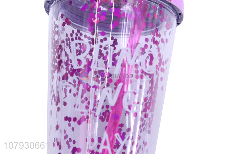 Factory supply fashionable double walls sequin water cup with straw & lid