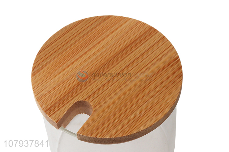 Wholesale transparent glass condiment pot spice can with spoon & bamboo lid