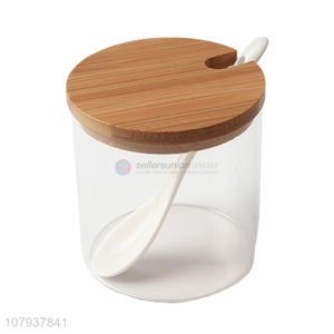 Wholesale transparent glass condiment pot spice can with spoon & bamboo lid